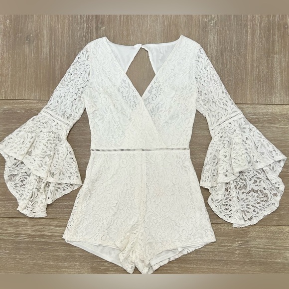 Lulus Lace Romper White Faux Wrap Bell Sleeve S - Picture 2 of 13